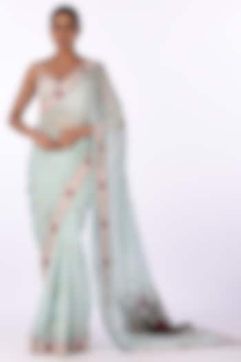 Blue Soft Organza Floral Thread Embroidered Wedding Saree Set by Isha & Anshul at Pernia's Pop Up Shop
