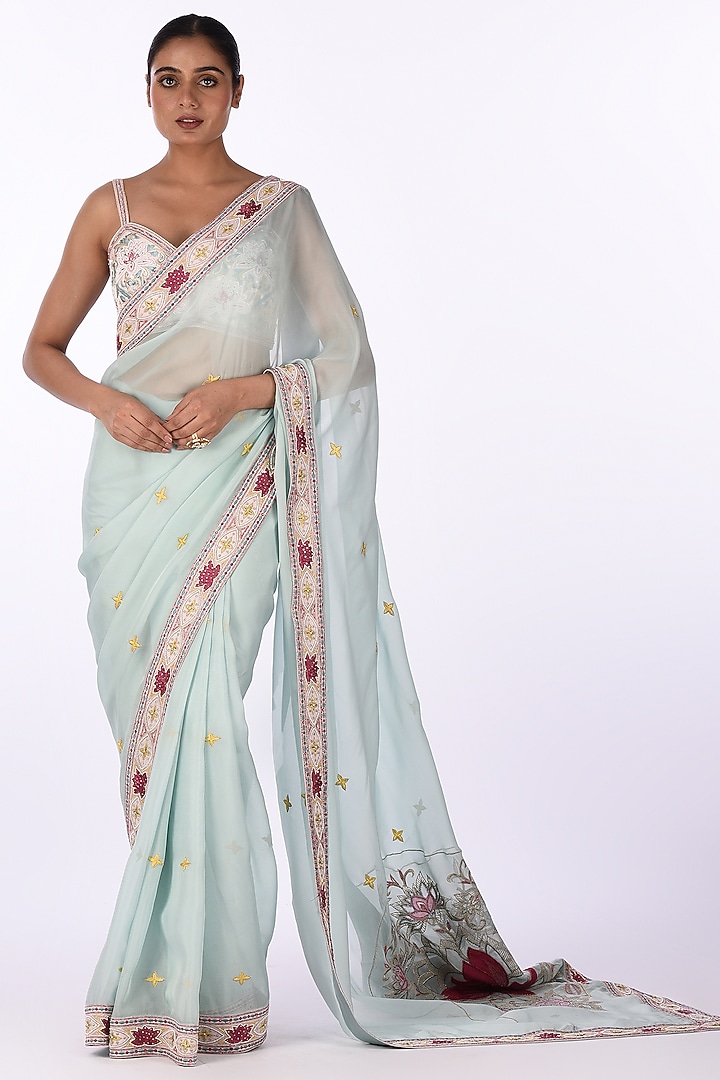 Blue Soft Organza Floral Thread Embroidered Wedding Saree Set by Isha & Anshul at Pernia's Pop Up Shop
