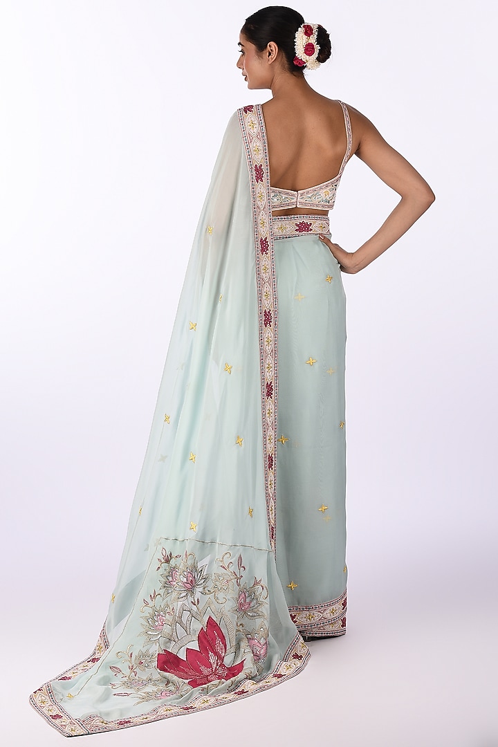 Blue Soft Organza Floral Thread Embroidered Wedding Saree Set by Isha & Anshul at Pernia's Pop Up Shop