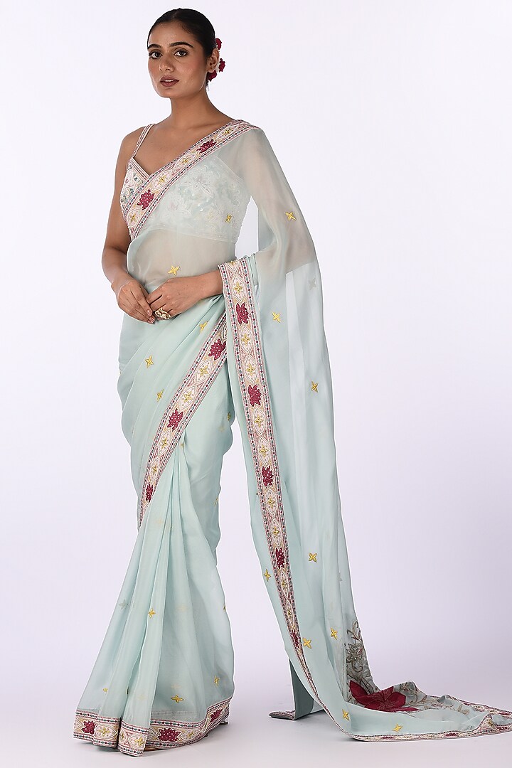 Blue Soft Organza Floral Thread Embroidered Wedding Saree Set by Isha & Anshul at Pernia's Pop Up Shop