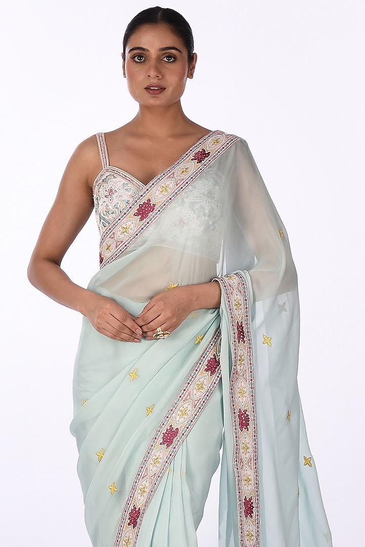 Blue Soft Organza Floral Thread Embroidered Wedding Saree Set by Isha & Anshul at Pernia's Pop Up Shop