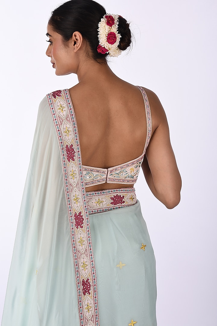 Blue Soft Organza Floral Thread Embroidered Wedding Saree Set by Isha & Anshul at Pernia's Pop Up Shop