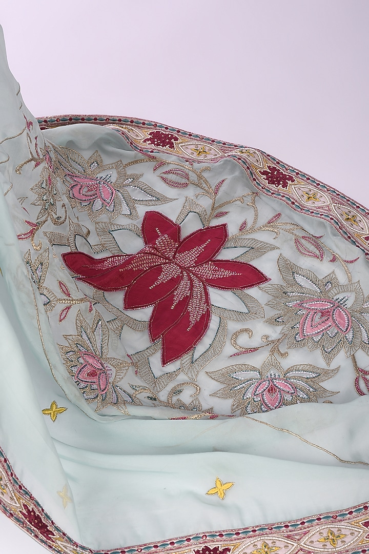 Blue Soft Organza Floral Thread Embroidered Wedding Saree Set by Isha & Anshul at Pernia's Pop Up Shop