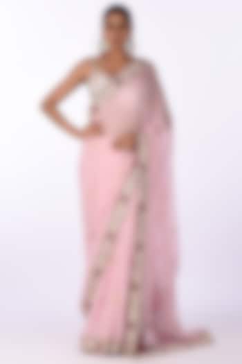 Pastel Pink Organza Floral Embroidered Wedding Saree Set by Isha & Anshul at Pernia's Pop Up Shop