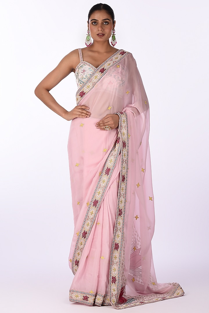 Pastel Pink Organza Floral Embroidered Wedding Saree Set by Isha & Anshul at Pernia's Pop Up Shop