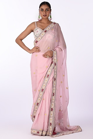 Pastel Pink Organza Floral Embroidered Saree Set by Isha & Anshul