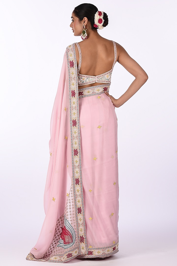 Pastel Pink Organza Floral Embroidered Wedding Saree Set by Isha & Anshul at Pernia's Pop Up Shop
