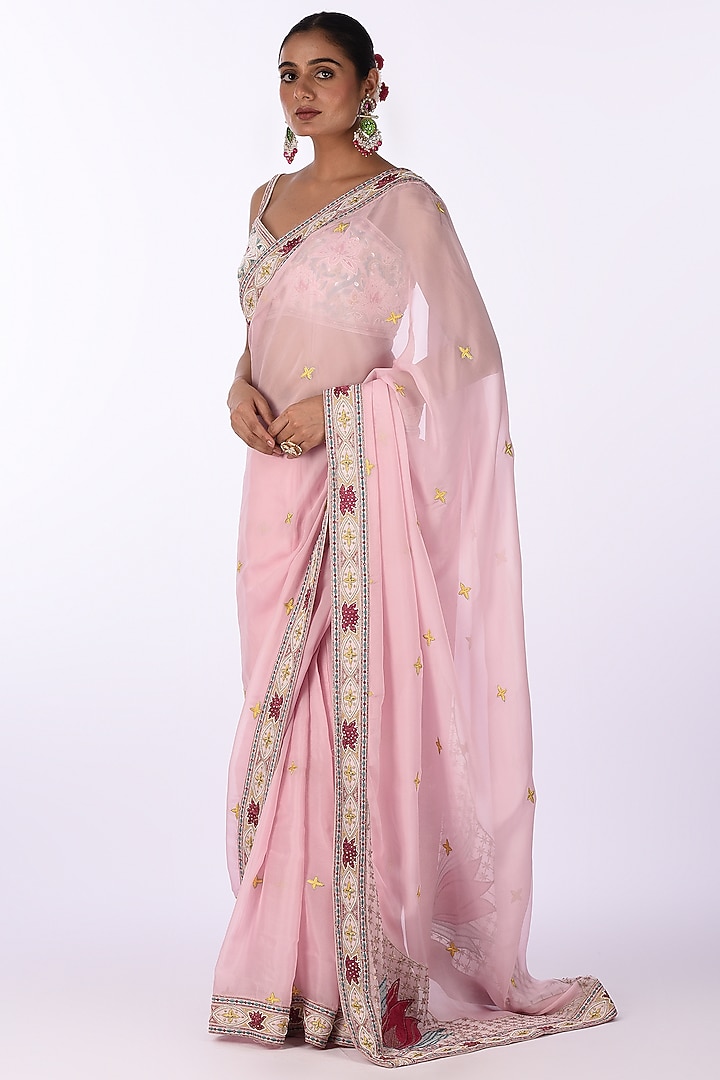 Pastel Pink Organza Floral Embroidered Wedding Saree Set by Isha & Anshul at Pernia's Pop Up Shop