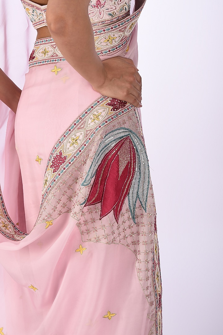 Pastel Pink Organza Floral Embroidered Wedding Saree Set by Isha & Anshul at Pernia's Pop Up Shop