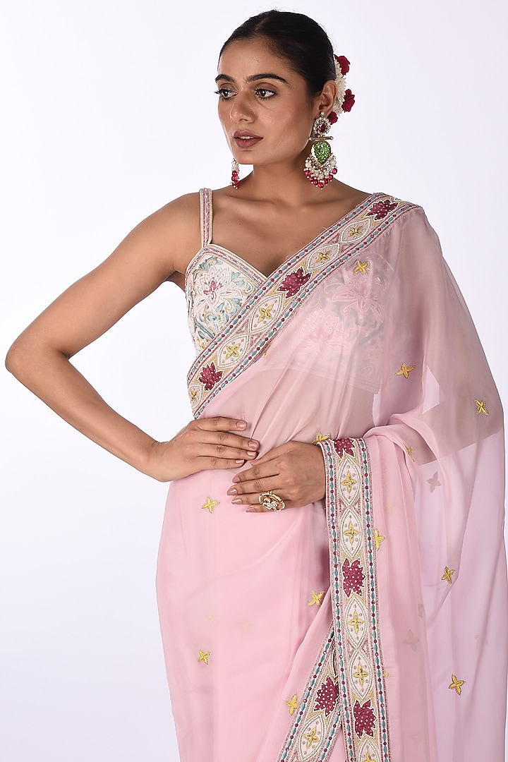 Pastel Pink Organza Floral Embroidered Wedding Saree Set by Isha & Anshul at Pernia's Pop Up Shop