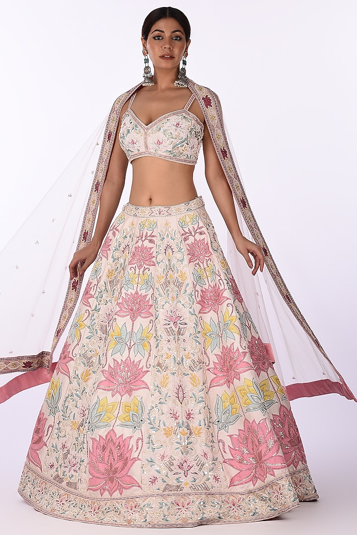 Ivory Raw Silk & Silk Blend Hand Embroidered Bridal Lehenga Set by Isha & Anshul at Pernia's Pop Up Shop
