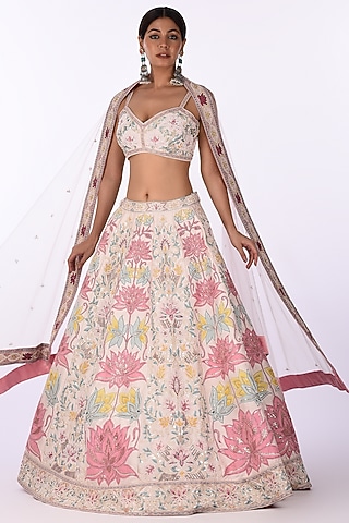 Ivory Raw Silk & Silk Blend Hand Embroidered Lehenga Set by Isha & Anshul
