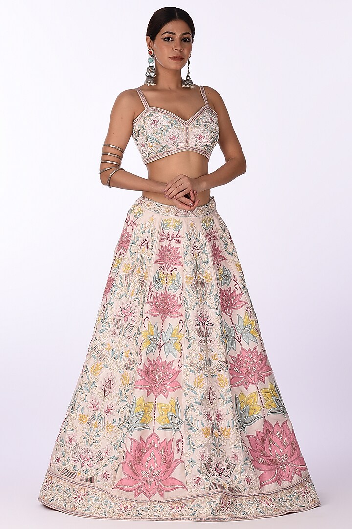 Ivory Raw Silk & Silk Blend Hand Embroidered Bridal Lehenga Set by Isha & Anshul at Pernia's Pop Up Shop