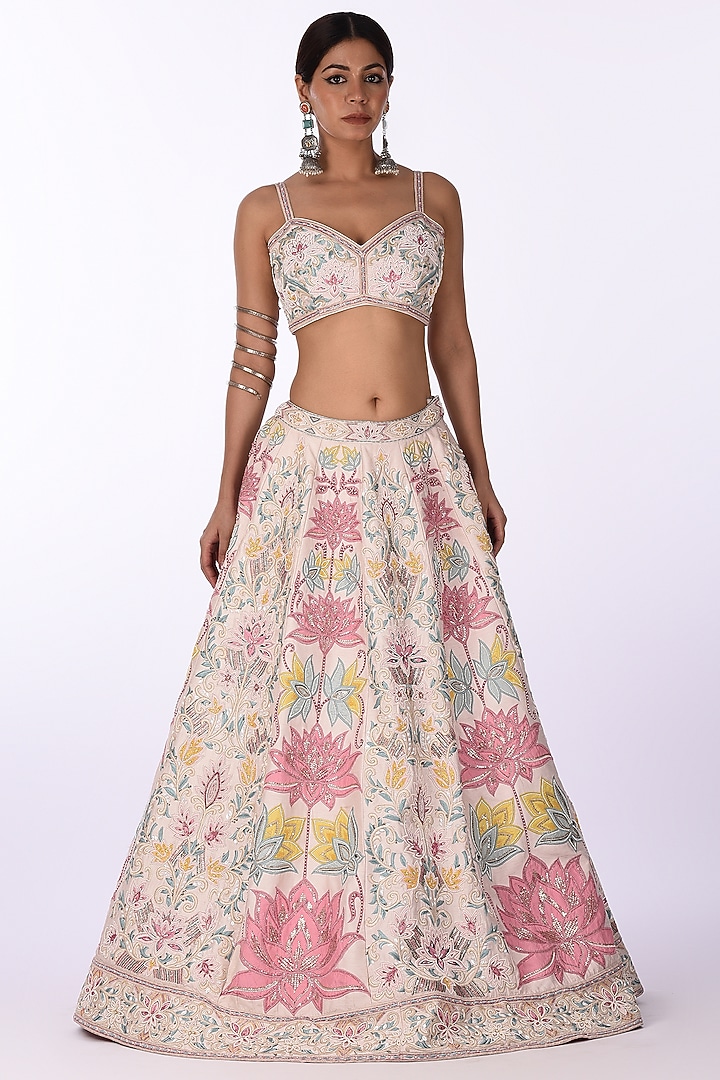 Ivory Raw Silk & Silk Blend Hand Embroidered Bridal Lehenga Set by Isha & Anshul at Pernia's Pop Up Shop