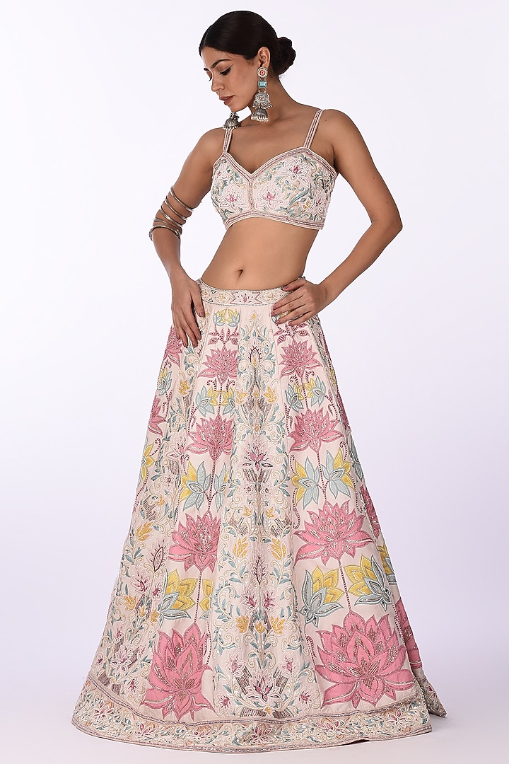 Ivory Raw Silk & Silk Blend Hand Embroidered Bridal Lehenga Set by Isha & Anshul at Pernia's Pop Up Shop