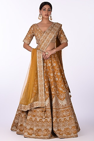 Mustard Yellow Raw Silk Sequins Embroidered Lehenga Set by Isha & Anshul