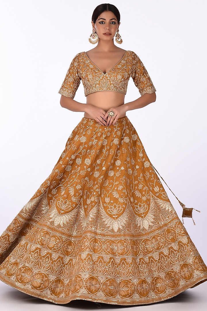 Mustard Yellow Raw Silk Sequins Embroidered Wedding Lehenga Set by Isha & Anshul at Pernia's Pop Up Shop