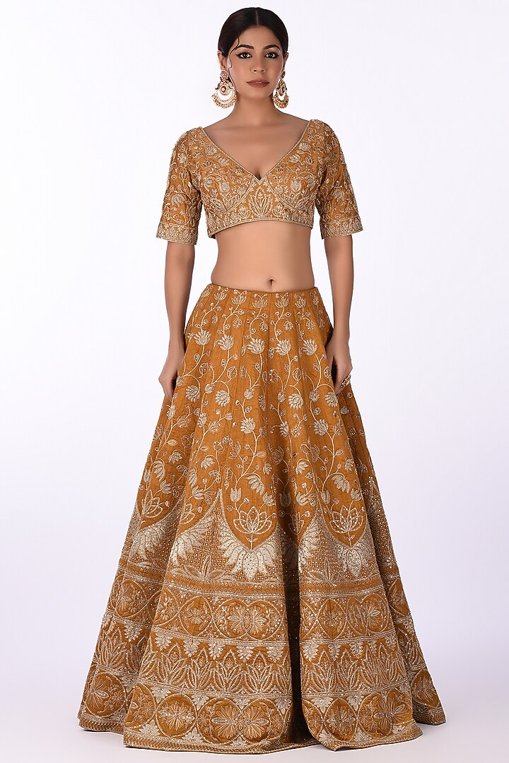 Mustard Yellow Raw Silk Sequins Embroidered Wedding Lehenga Set by Isha & Anshul at Pernia's Pop Up Shop
