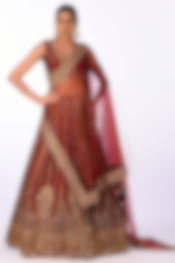 Maroon Velvet Zari Embroidered Wedding Lehenga Set by Isha & Anshul at Pernia's Pop Up Shop