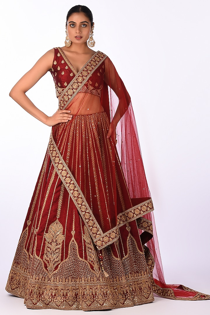 Maroon Velvet Zari Embroidered Wedding Lehenga Set by Isha & Anshul at Pernia's Pop Up Shop