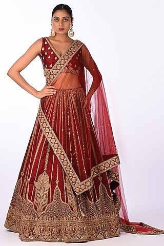 Maroon Velvet Zari Embroidered Lehenga Set by Isha & Anshul