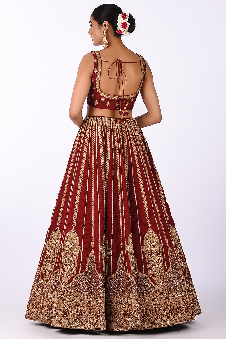 Maroon Velvet Zari Embroidered Wedding Lehenga Set by Isha & Anshul at Pernia's Pop Up Shop