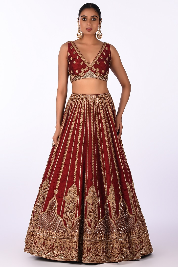 Maroon Velvet Zari Embroidered Wedding Lehenga Set by Isha & Anshul at Pernia's Pop Up Shop