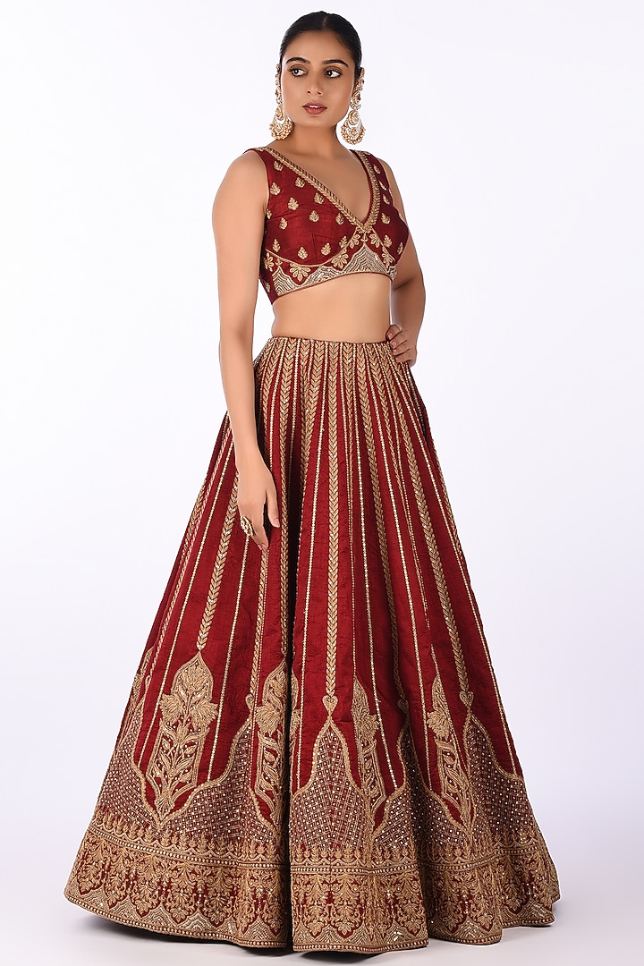 Maroon Velvet Zari Embroidered Wedding Lehenga Set by Isha & Anshul at Pernia's Pop Up Shop