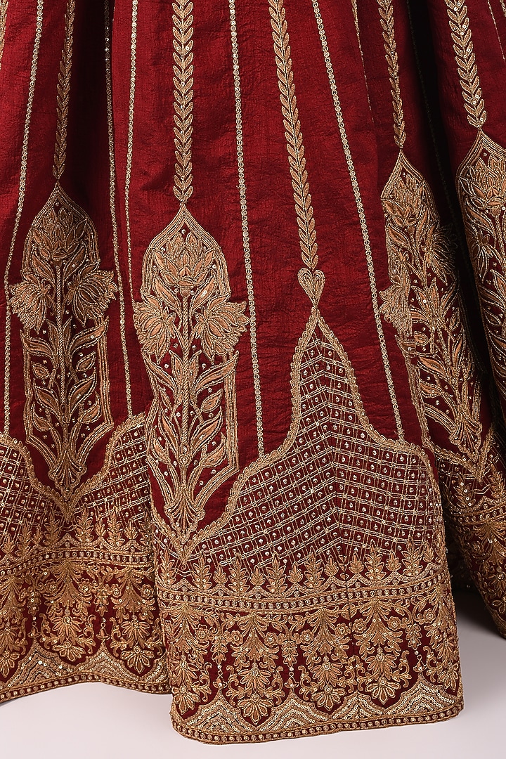 Maroon Velvet Zari Embroidered Wedding Lehenga Set by Isha & Anshul at Pernia's Pop Up Shop