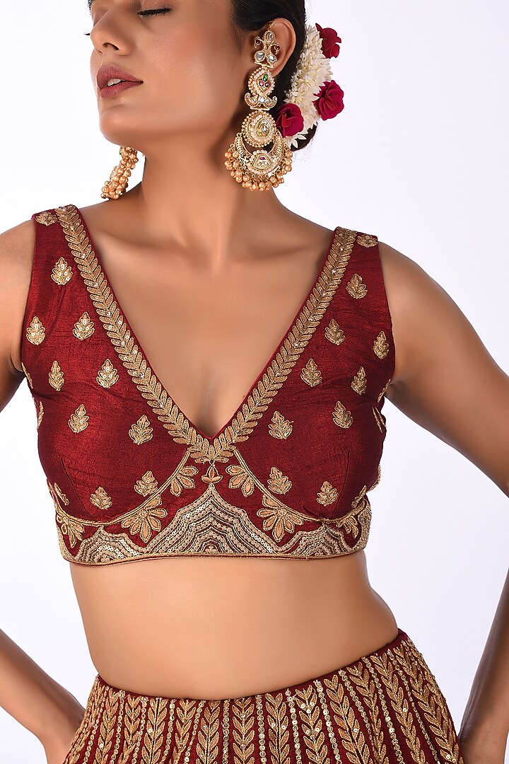 Maroon Velvet Zari Embroidered Wedding Lehenga Set by Isha & Anshul at Pernia's Pop Up Shop