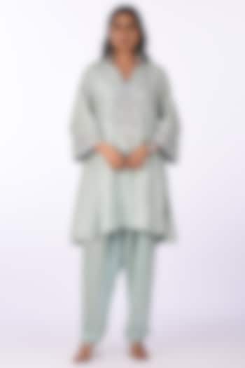 Sage Green Raw Silk Hand Embroidered Kurta Set by Isha & Anshul at Pernia's Pop Up Shop