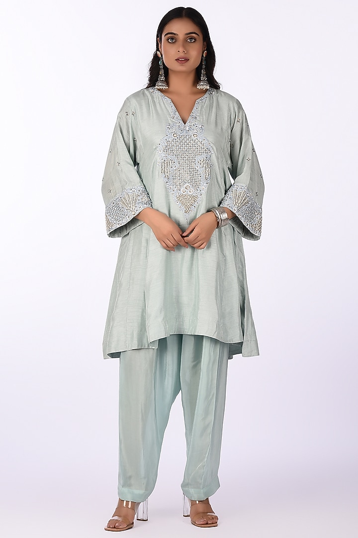 Sage Green Raw Silk Hand Embroidered Kurta Set by Isha & Anshul at Pernia's Pop Up Shop