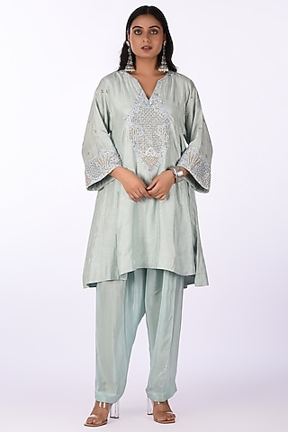Sage Green Raw Silk Hand Embroidered Kurta Set by Isha & Anshul