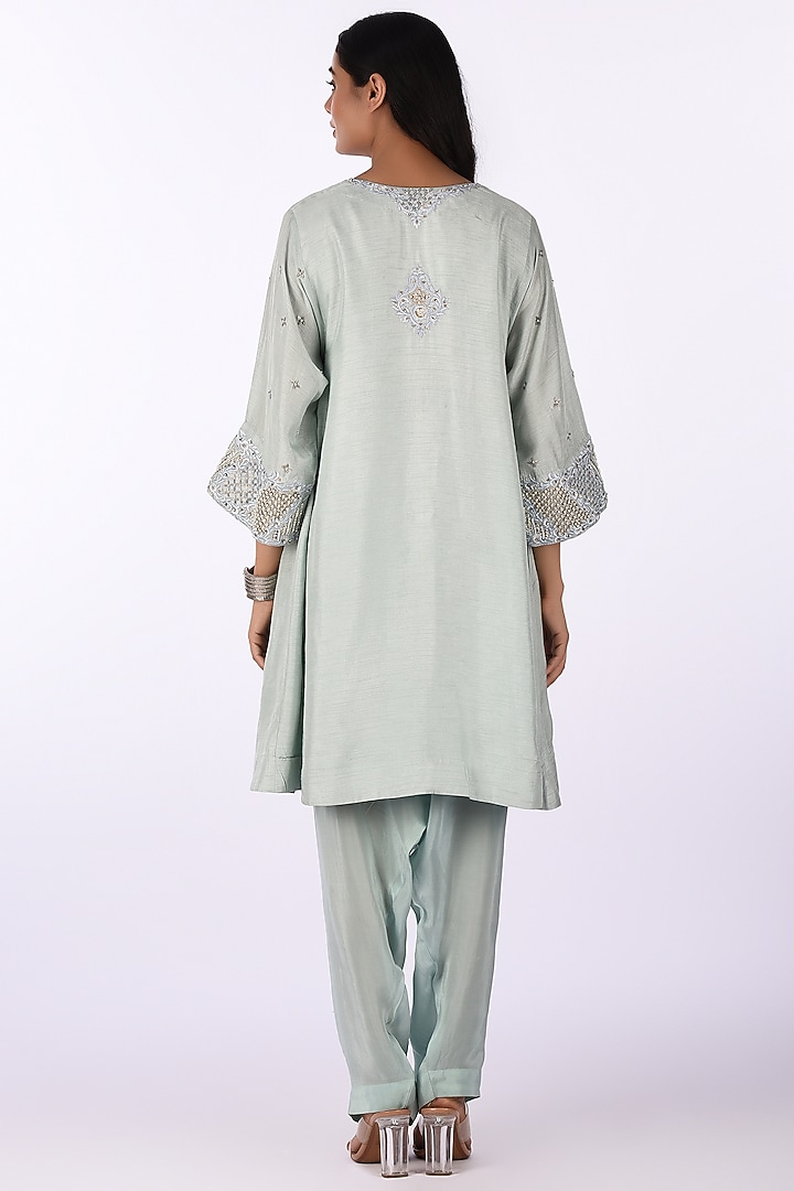 Sage Green Raw Silk Hand Embroidered Kurta Set by Isha & Anshul at Pernia's Pop Up Shop