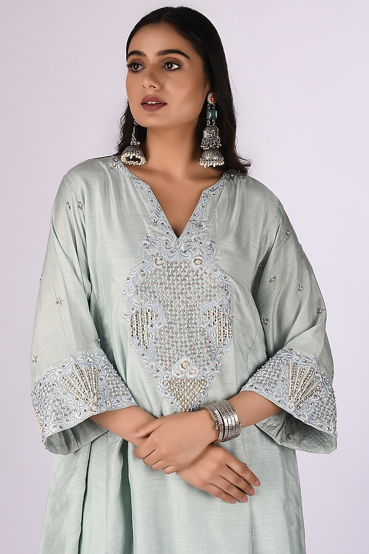 Sage Green Raw Silk Hand Embroidered Kurta Set by Isha & Anshul at Pernia's Pop Up Shop
