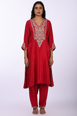 Red Natural Crepe & Silk Embroidered Kurta Set by Isha & Anshul