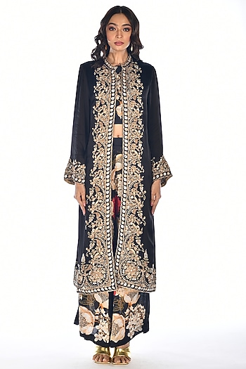Black Satin Georgette Zardosi Hand Embroidered & Digital Printed Jacket Set by Isadaa by Rotna Dutt at Pernia's Pop Up Shop