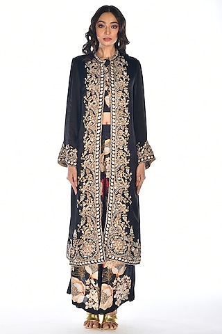 Black Satin Georgette Zardosi Hand Embroidered & Digital Printed Jacket ...