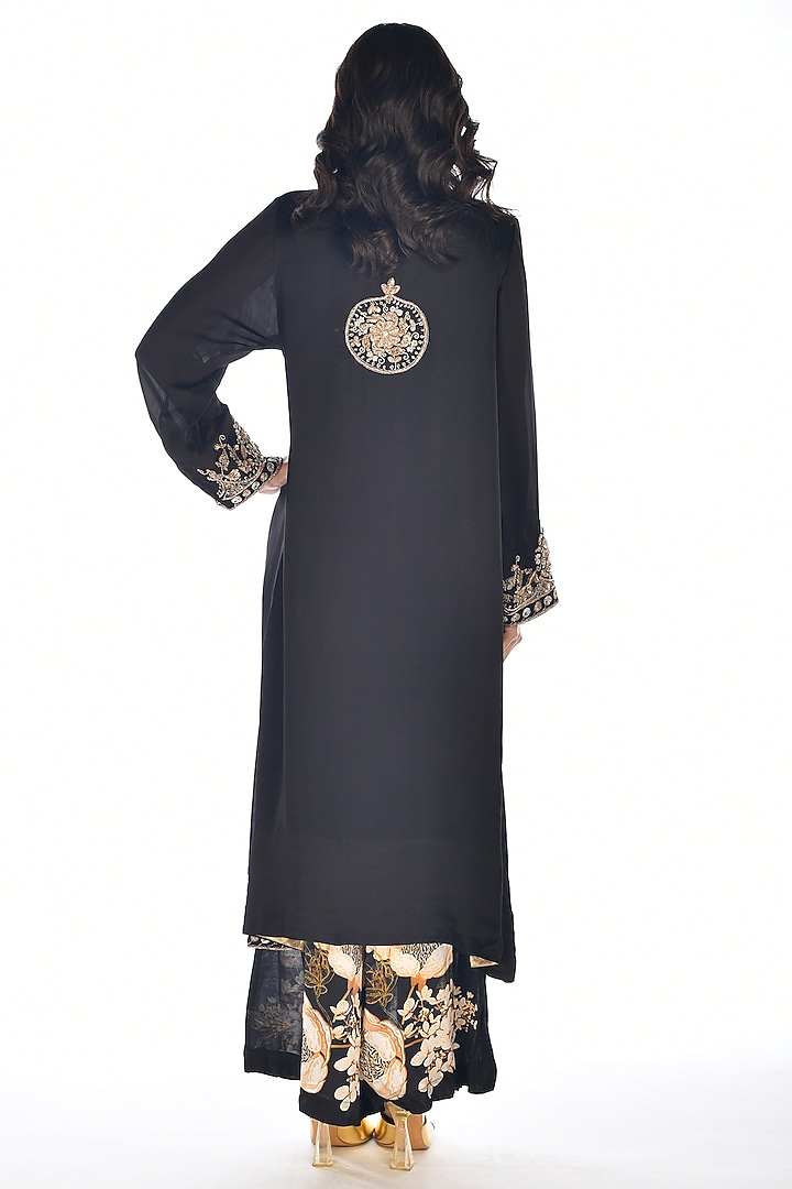 Black Satin Georgette Zardosi Hand Embroidered & Digital Printed Jacket Set by Isadaa by Rotna Dutt at Pernia's Pop Up Shop