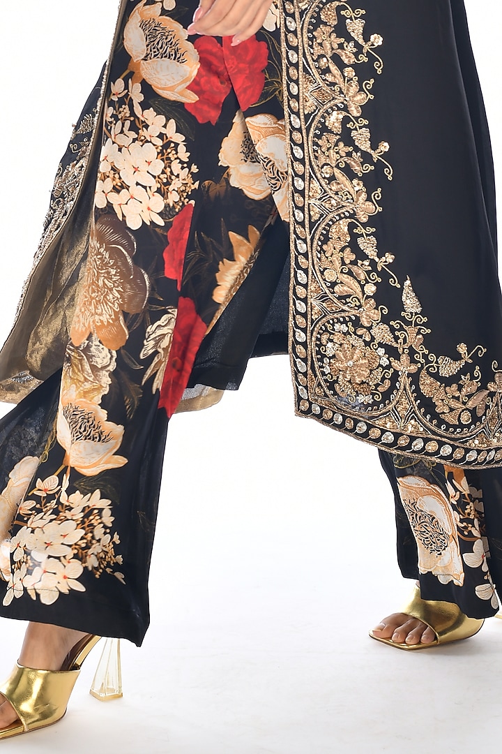 Black Satin Georgette Zardosi Hand Embroidered & Digital Printed Jacket Set by Isadaa by Rotna Dutt at Pernia's Pop Up Shop