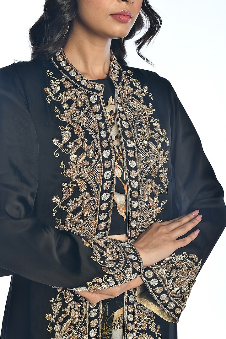 Black Satin Georgette Zardosi Hand Embroidered & Digital Printed Jacket Set by Isadaa by Rotna Dutt at Pernia's Pop Up Shop