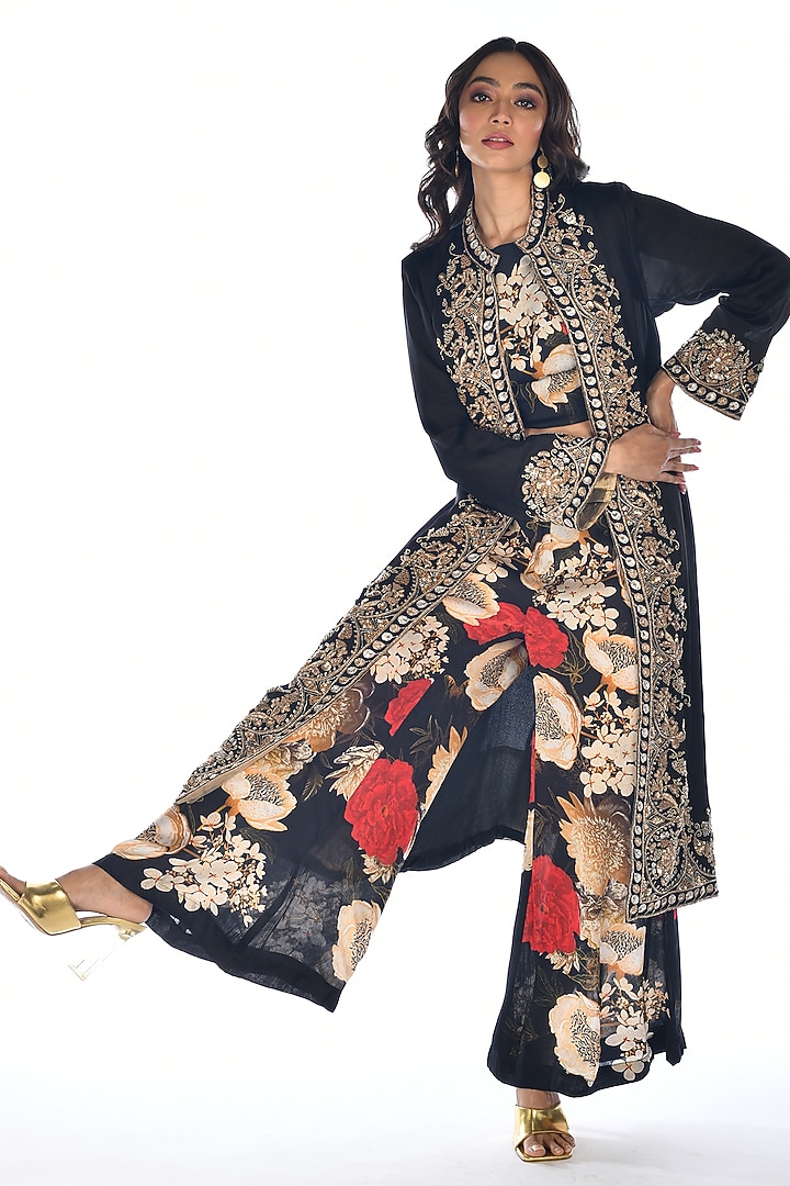 Black Satin Georgette Zardosi Hand Embroidered & Digital Printed Jacket Set by Isadaa by Rotna Dutt at Pernia's Pop Up Shop