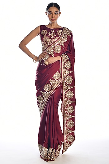 Red Satin Organza Zardosi Hand Embroidered Reception Saree Set by Isadaa by Rotna Dutt at Pernia's Pop Up Shop