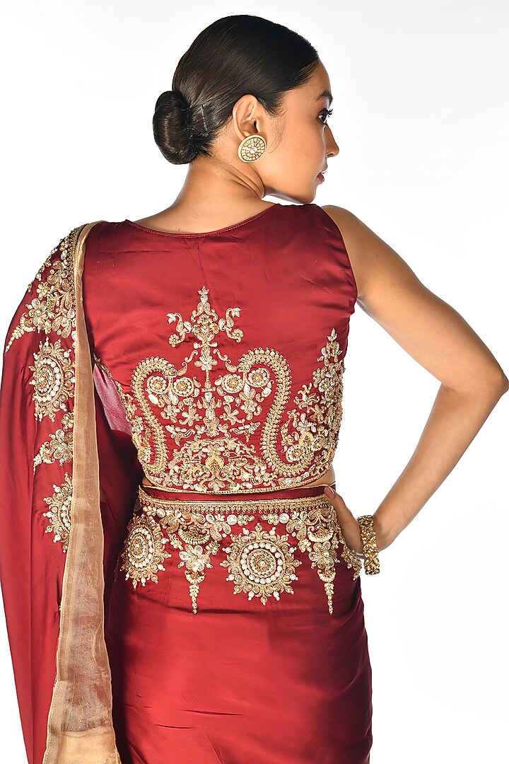 Red Satin Organza Zardosi Hand Embroidered Reception Saree Set by Isadaa by Rotna Dutt at Pernia's Pop Up Shop