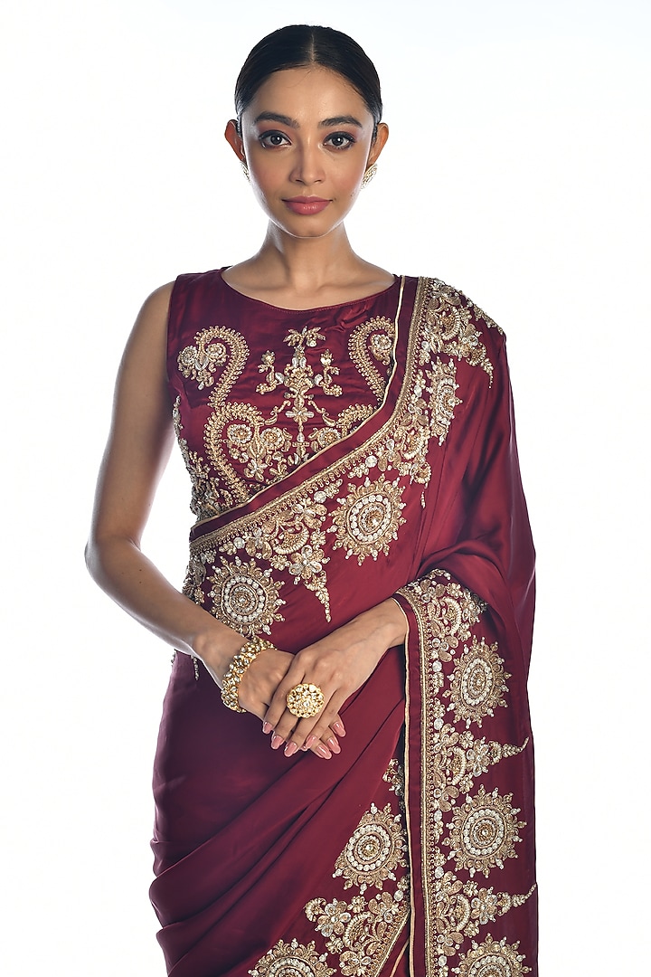 Red Satin Organza Zardosi Hand Embroidered Reception Saree Set by Isadaa by Rotna Dutt at Pernia's Pop Up Shop