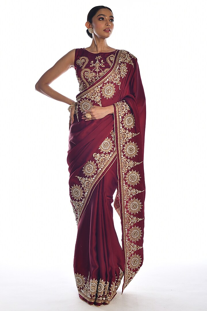 Red Satin Organza Zardosi Hand Embroidered Reception Saree Set by Isadaa by Rotna Dutt at Pernia's Pop Up Shop