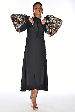 Black Satin Georgette Sequins Hand Embroidered Dress by Isadaa by Rotna Dutt