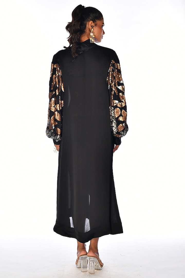 Black Satin Georgette Sequins Hand Embroidered Vacation Dress by Isadaa by Rotna Dutt at Pernia's Pop Up Shop