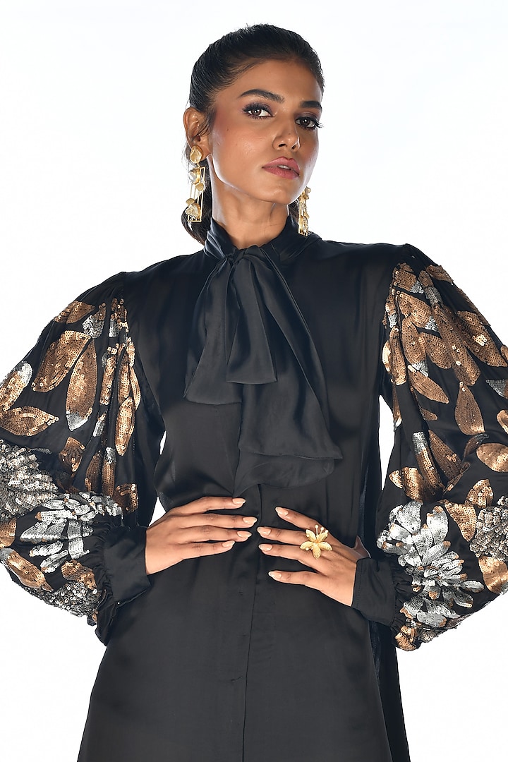 Black Satin Georgette Sequins Hand Embroidered Vacation Dress by Isadaa by Rotna Dutt at Pernia's Pop Up Shop