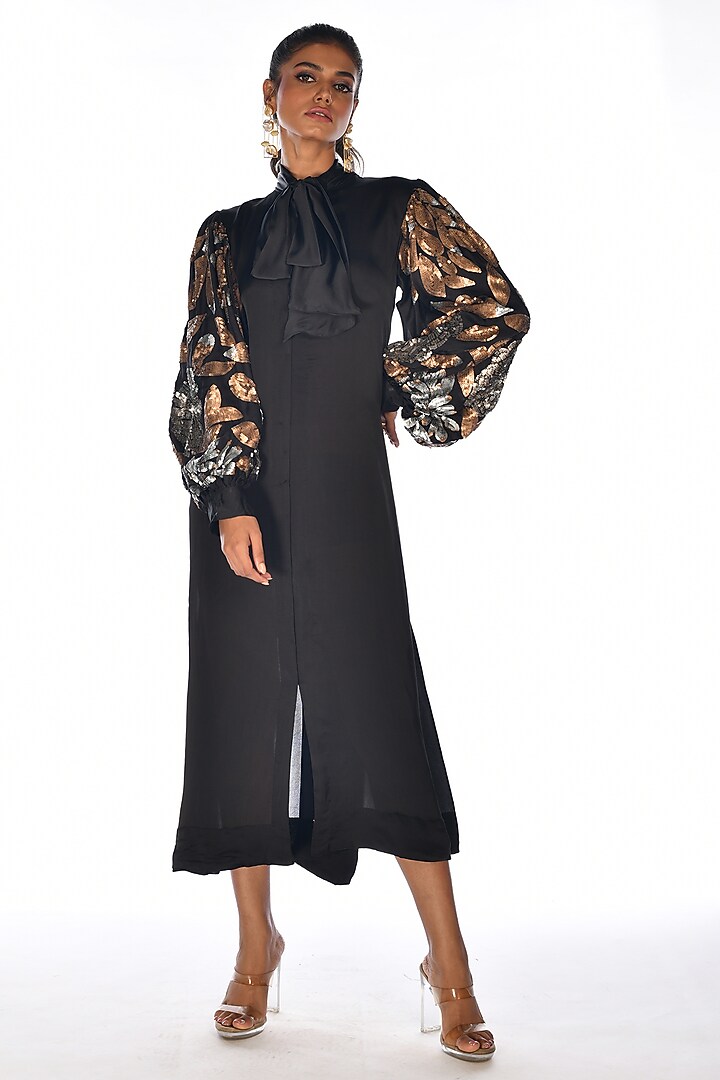 Black Satin Georgette Sequins Hand Embroidered Vacation Dress by Isadaa by Rotna Dutt at Pernia's Pop Up Shop